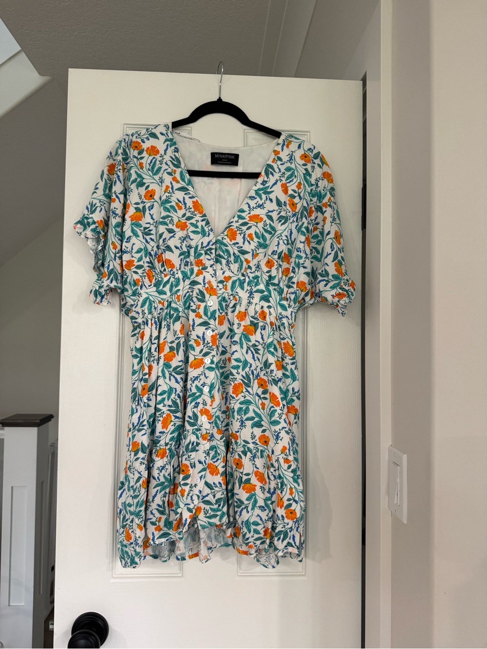 MINKPINK White Floral V-Neck Mini Dress with Orange Blooms